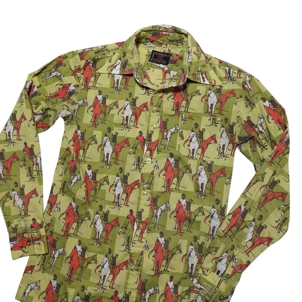 Country Class Shirt Mens S Green Horse Rider Print Long Sleeve Button Equestrian